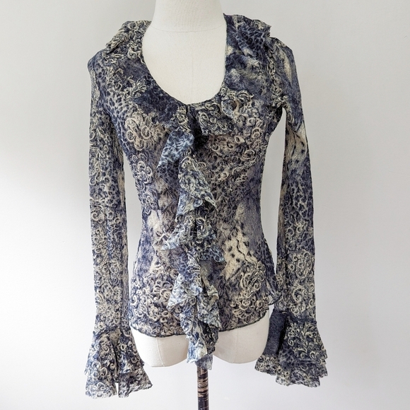 Y2K Whimsigoth Sheer Mesh Paisley Leopard Ruffle Blouse - Picture 1 of 11
